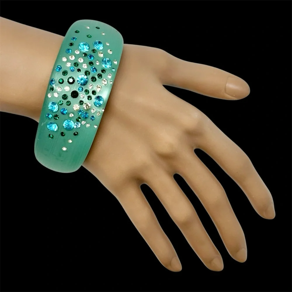 Teal Blue Green Acrylic Rhinestone Thick Bangle Bracelet